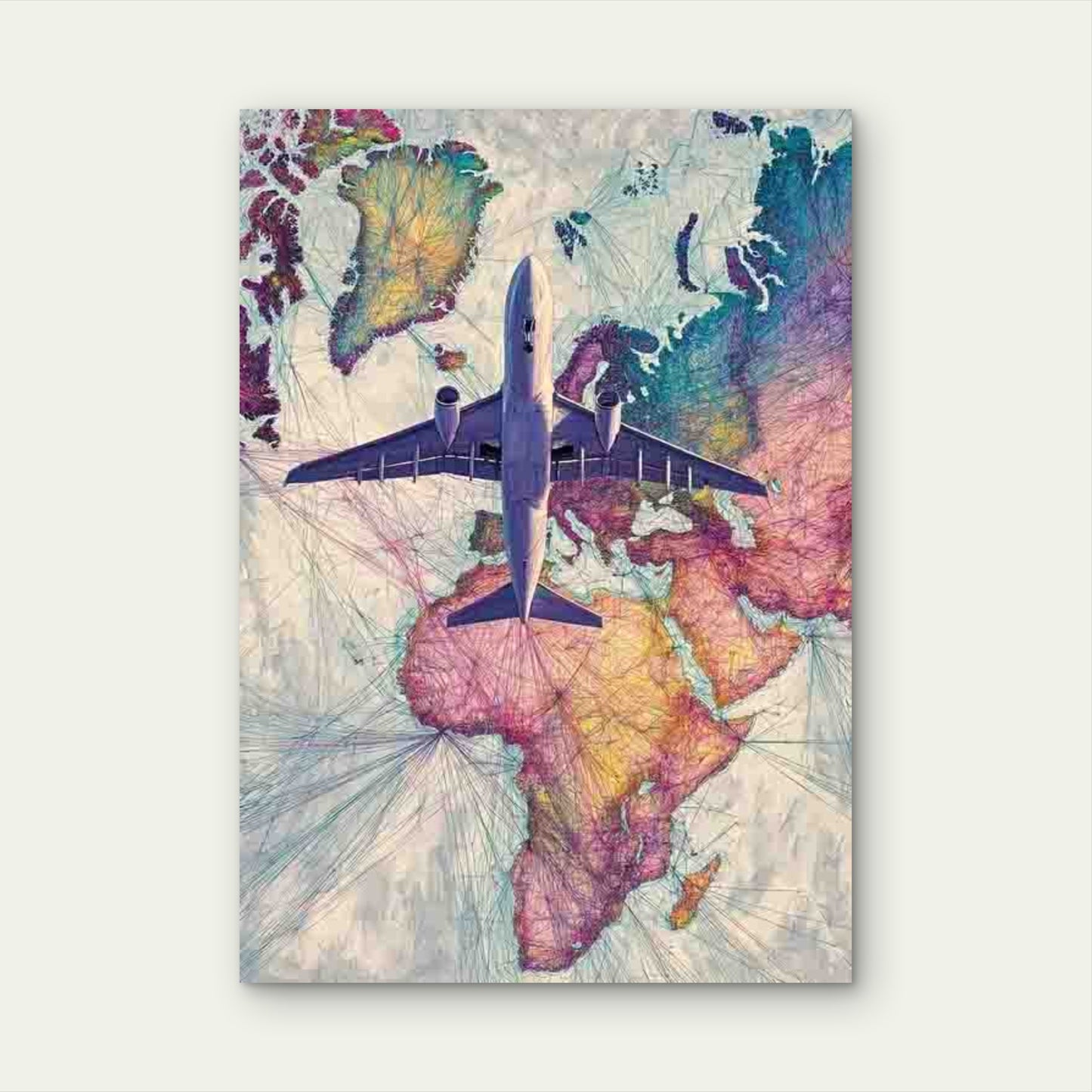Color-Coded Flight Routes & Airplane Paths Aviation World Map 60x90cm Metal Print Ready to Hang