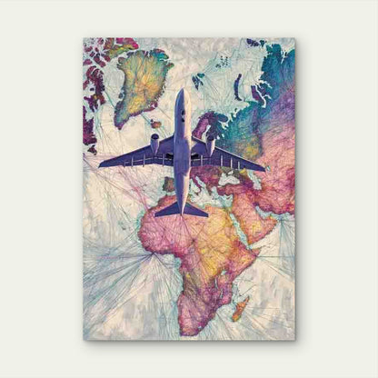 Color-Coded Flight Routes & Airplane Paths Aviation World Map 60x90cm Metal Print Ready to Hang