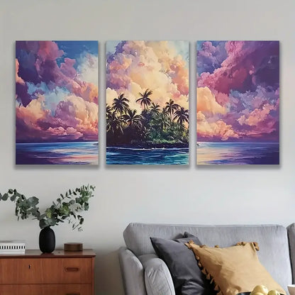 3pcs Palm Trees Cloudy Sunset Scene Wall Art Set Canvas Framed 50x70cm - High Quality Print 100% Australian Made Wall Canvas Ready to Hang