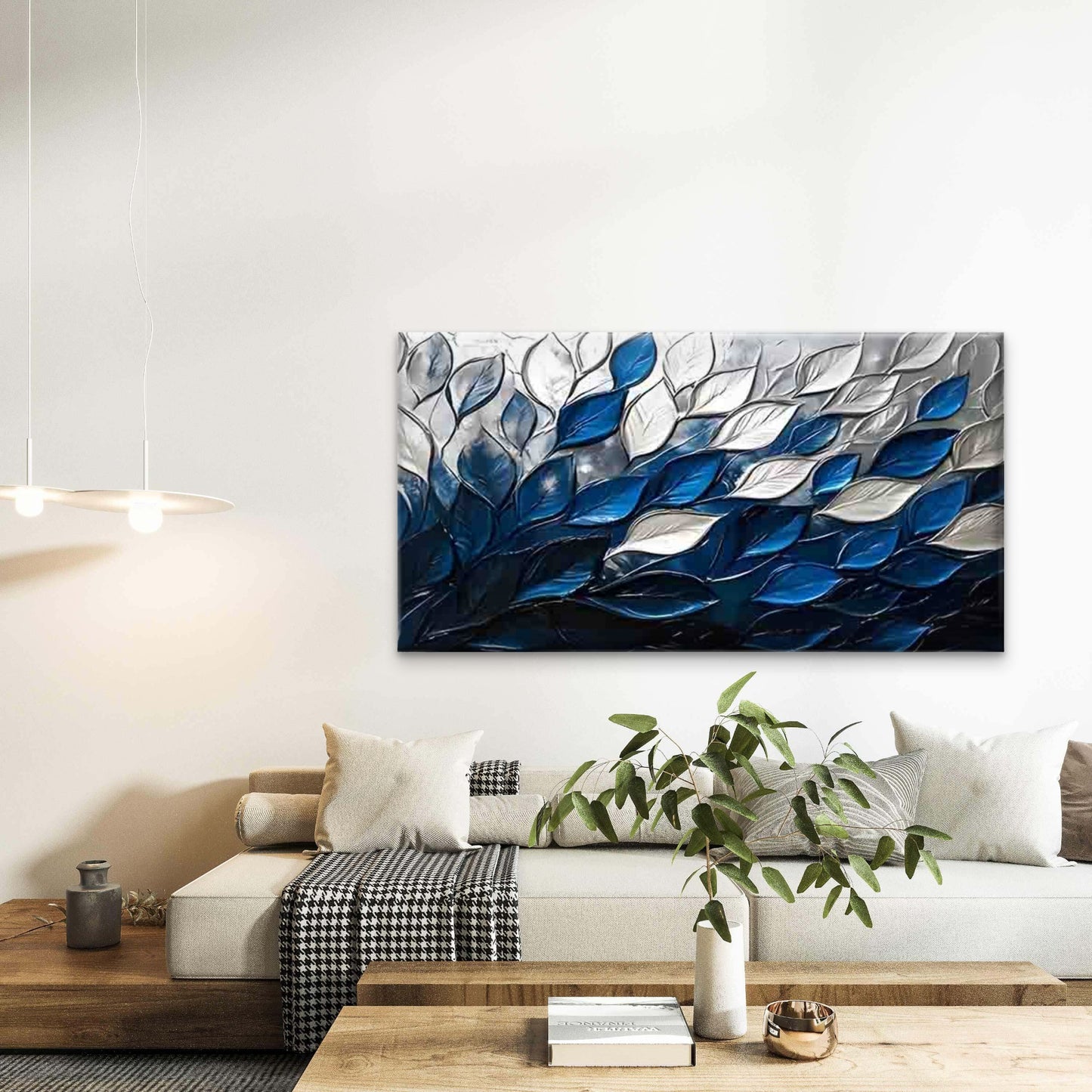 Blue and White Gradient Leaves Wall Art Canvas Office Home Room Framed 120x60cm - Bella Home Decor