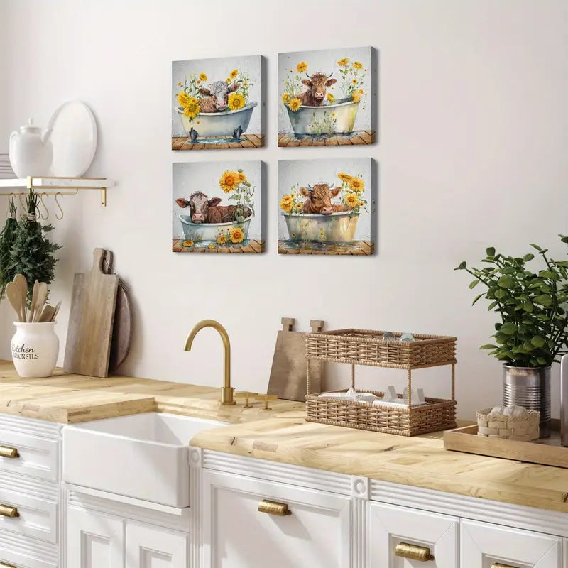 4pcs Cute Cattle In Bathtub Wall Art Canvas Framed