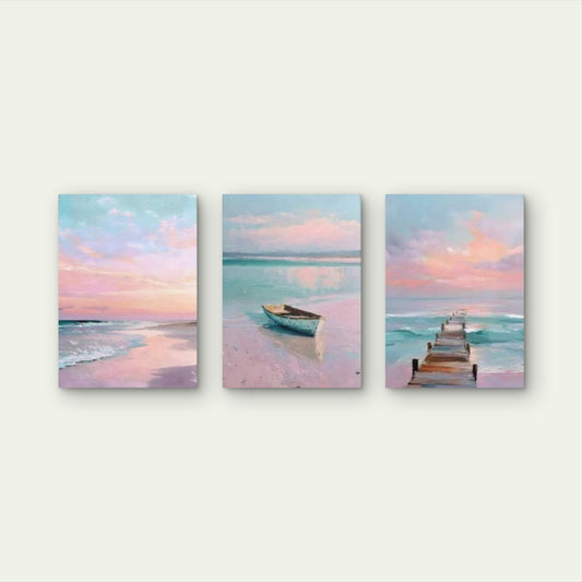 3pcs Pink Coastal Ocean Jetty Boat Wall Art Set Canvas Framed 60x90cm - High Quality Print 100% Australian Made Wall Canvas Ready to Hang - Bella Home Decor