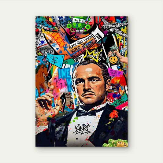 Black Suited Graffiti Boss Staring 40x60cm Metal Print Ready to Hang
