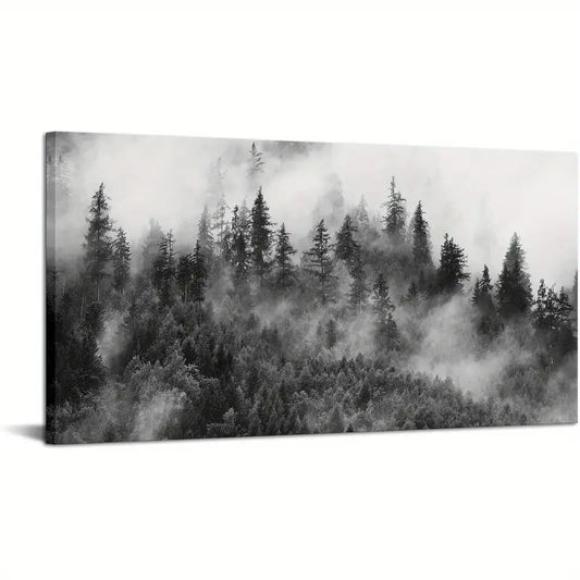 Foggy Mountain Black And White Nature Forest Wall Art canvas office home room framed 120x60cm