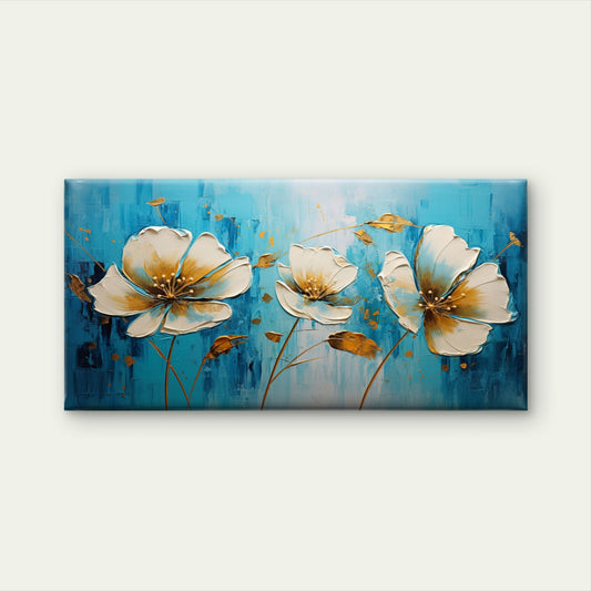 Modern Blue Gold White Blossom Wall Art Canvas Office Home Framed 120x60cm