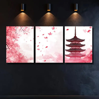 3pcs Japanese Pagoda & Cherry Blossom Metal Print Ready to Hang Art