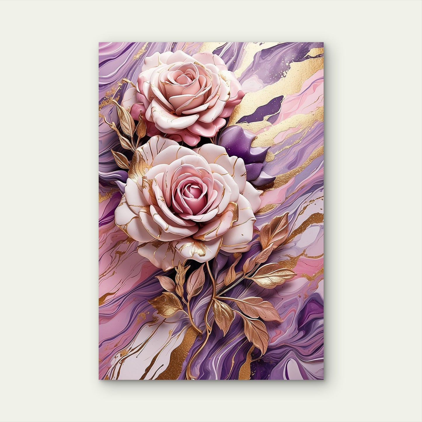 Pink Purple Rose Floral Alcohol Ink Gold 40x60cm Metal Print Ready to Hang