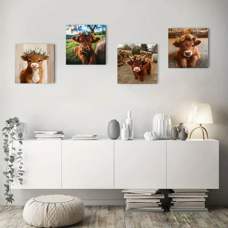 4pcs Charming Highland Calf Wall Art Canvas Framed