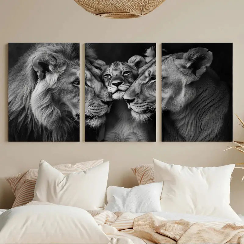 3pcs Black And White Lion Family Canvas Metal Print Ready to Hang Art - Bella Home Decor
