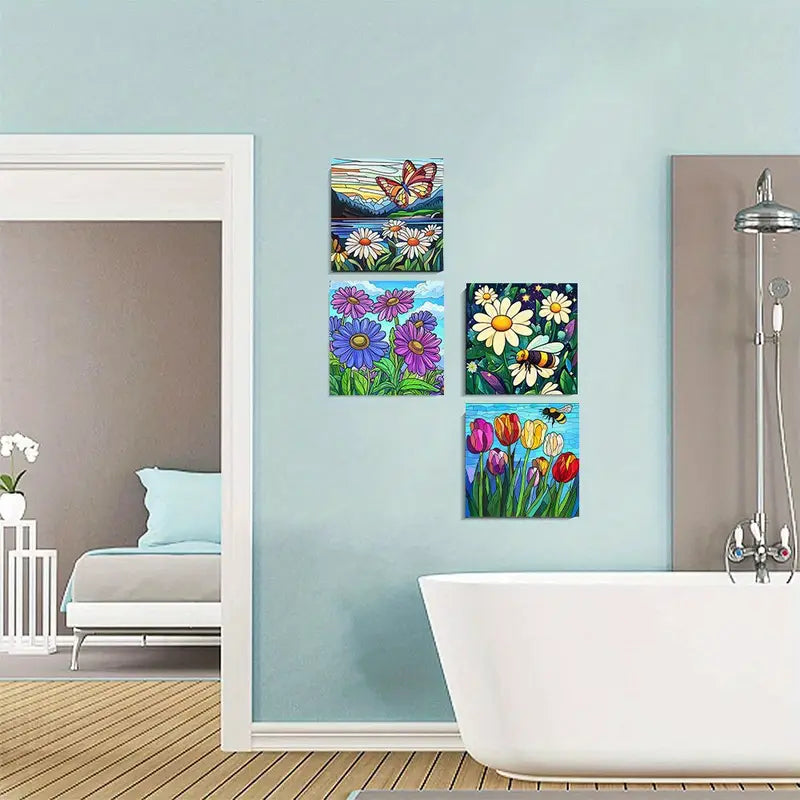 4pcs Painting Summer insect flower Wall Art Canvas Framed