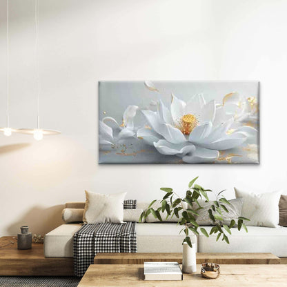 White Lotus with Golden Accents Wall Art Canvas Office Home Room Framed 120x60cm - Bella Home Decor