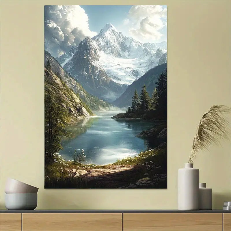Snowy Mountain Lake Reflection Art Poster 40x60cm Metal Print Ready to Hang