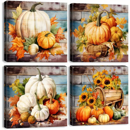 4pcs Autumn Maple Leaves, Sunflower & Vintage Wall Art Canvas Framed - Bella Home Decor