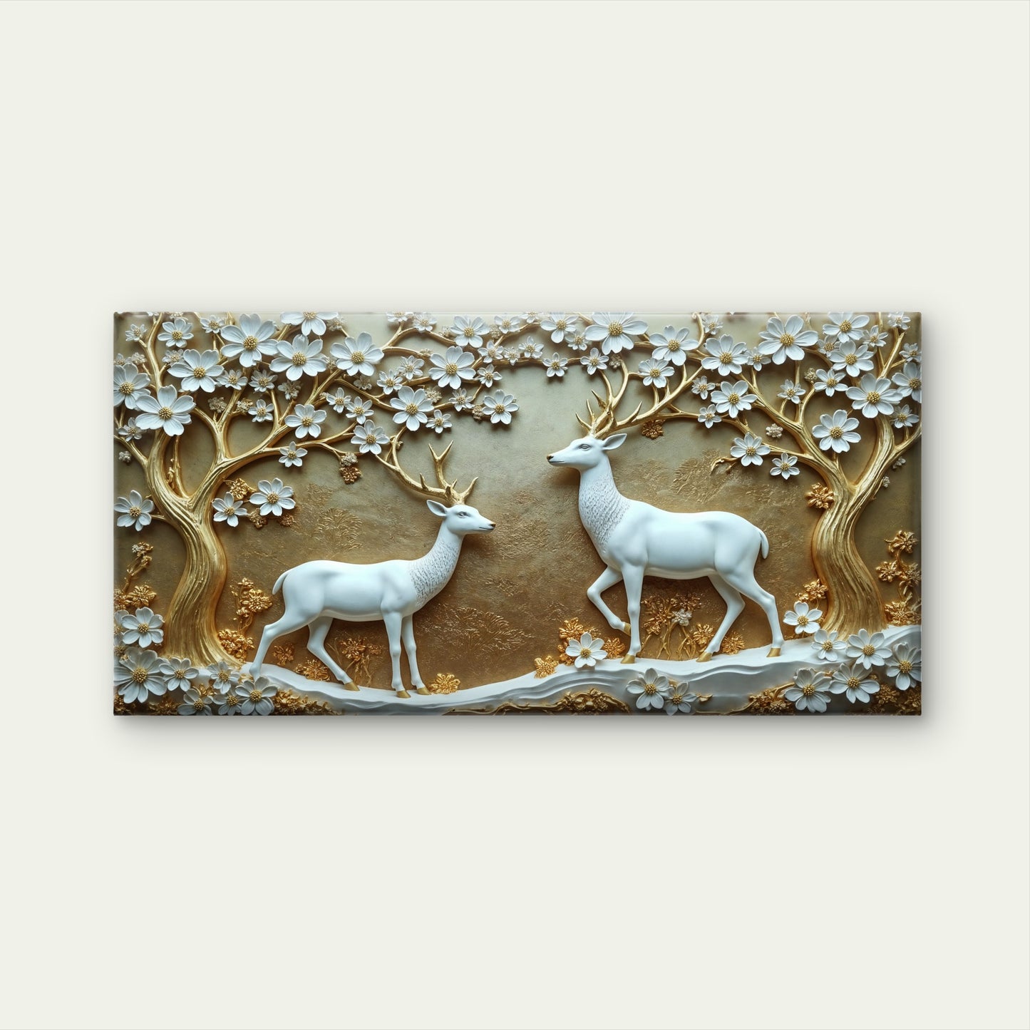 White Deer Gold Blossom Wall Art Canvas Office Home Room Framed 120x60cm