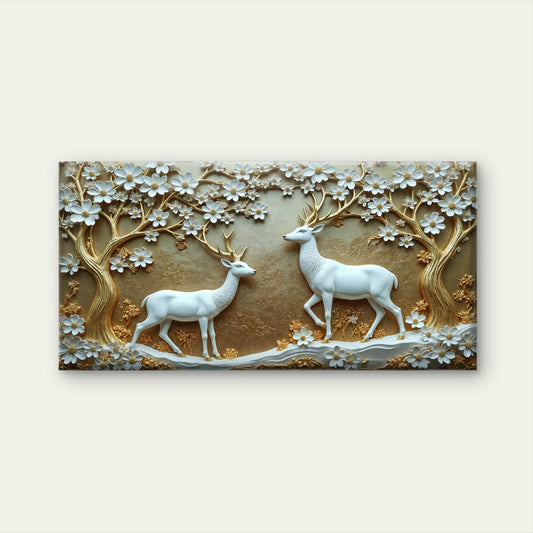 White Deer Gold Blossom Wall Art Canvas Office Home Room Framed 120x60cm