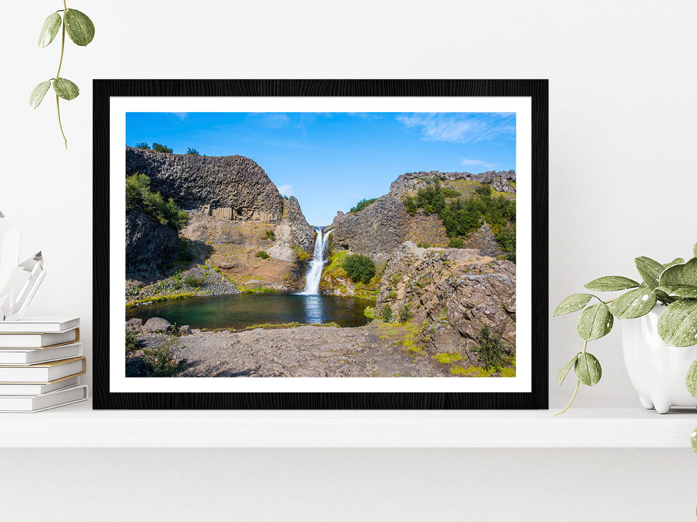 Gjarfoss Waterfall In Gjain On Summer Day Glass Framed Wall Art, Ready to Hang Quality Print With White Border Black