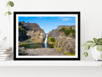 Gjarfoss Waterfall In Gjain On Summer Day Glass Framed Wall Art, Ready to Hang Quality Print With White Border Black