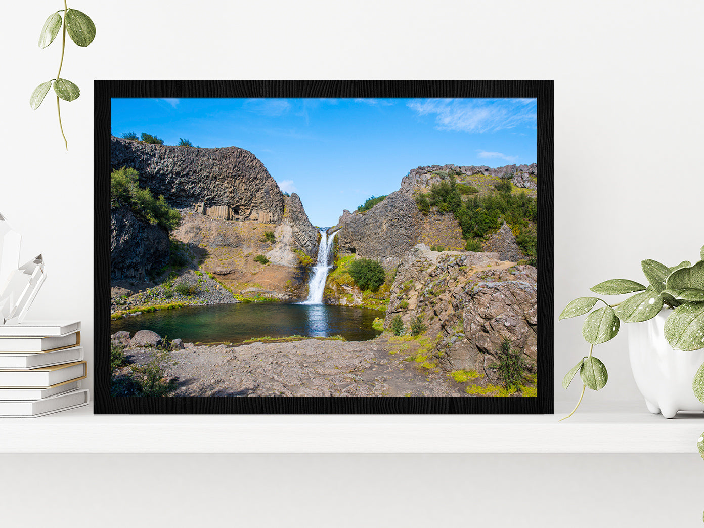 Gjarfoss Waterfall In Gjain On Summer Day Glass Framed Wall Art, Ready to Hang Quality Print Without White Border Black