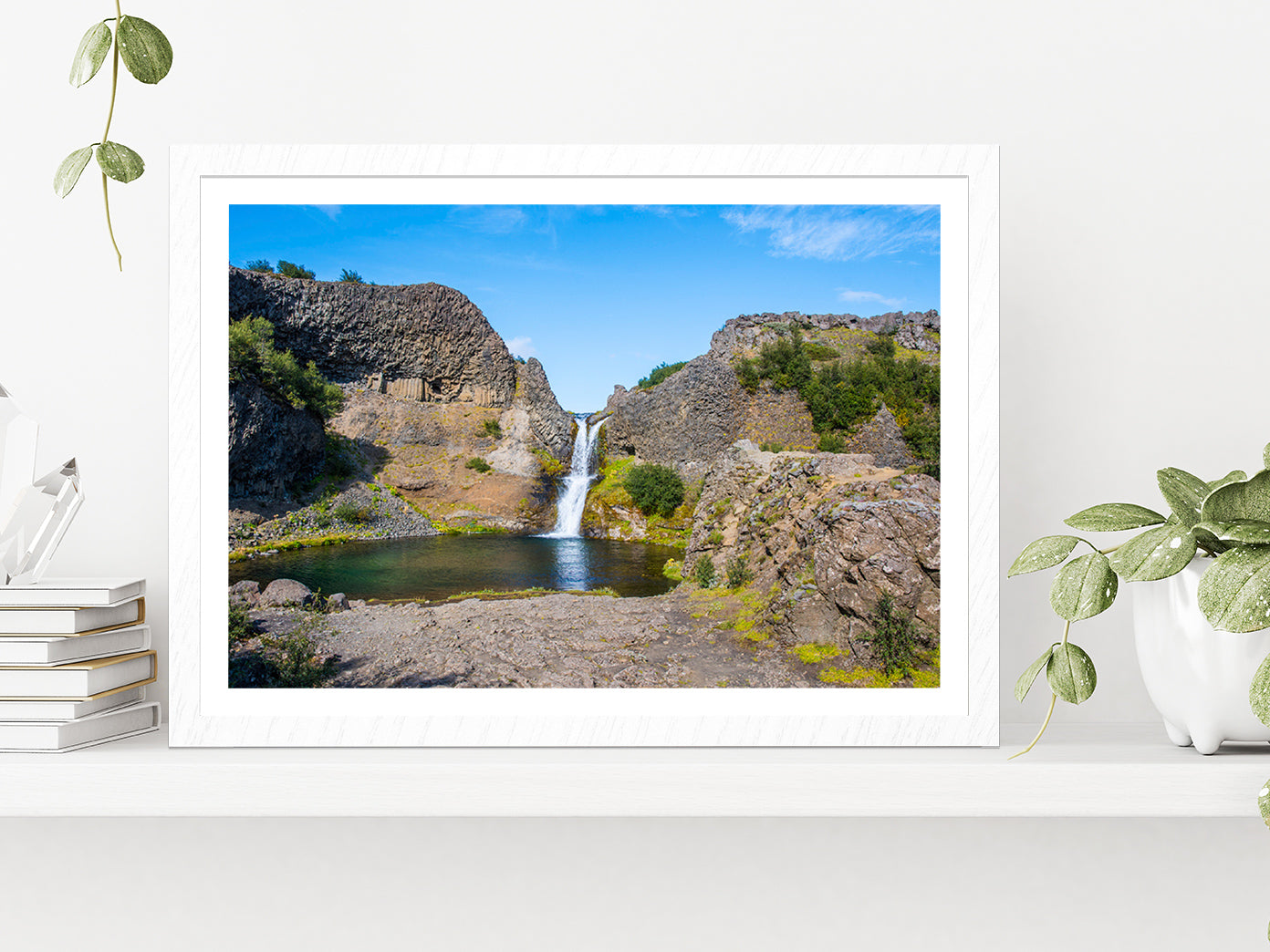 Gjarfoss Waterfall In Gjain On Summer Day Glass Framed Wall Art, Ready to Hang Quality Print With White Border White