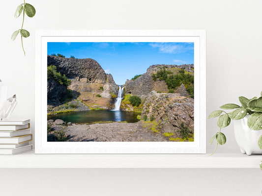 Gjarfoss Waterfall In Gjain On Summer Day Glass Framed Wall Art, Ready to Hang Quality Print With White Border White
