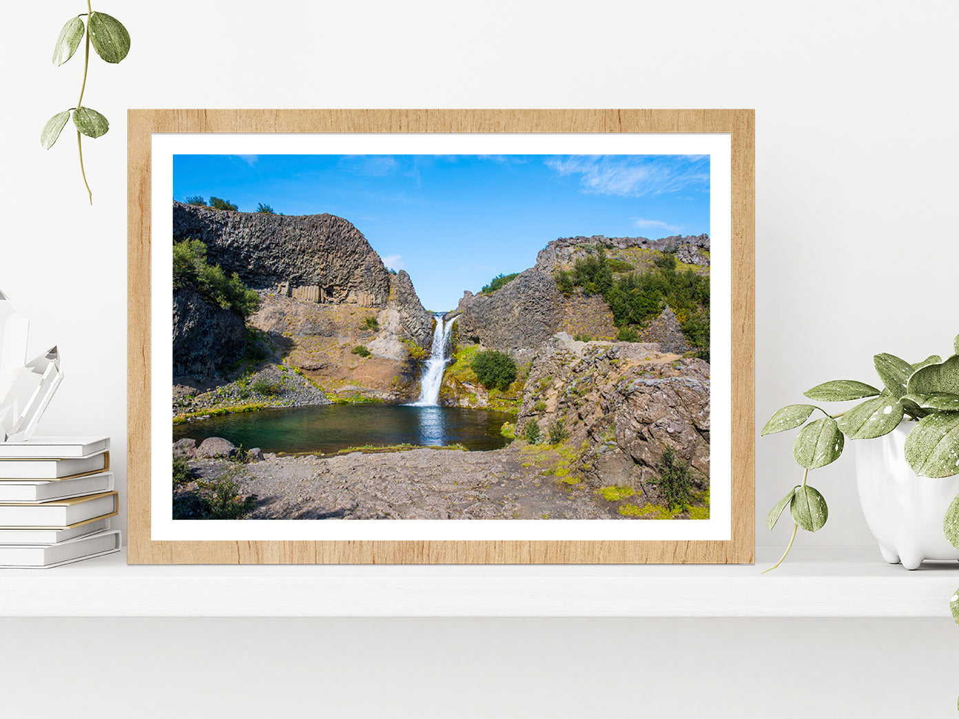 Gjarfoss Waterfall In Gjain On Summer Day Glass Framed Wall Art, Ready to Hang Quality Print With White Border Oak