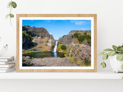 Gjarfoss Waterfall In Gjain On Summer Day Glass Framed Wall Art, Ready to Hang Quality Print With White Border Oak