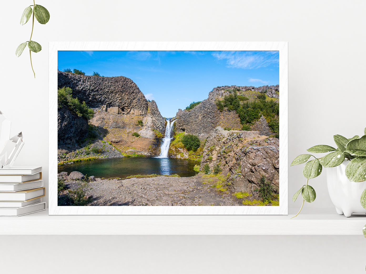 Gjarfoss Waterfall In Gjain On Summer Day Glass Framed Wall Art, Ready to Hang Quality Print Without White Border White