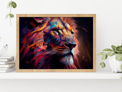 Lion Colorful Oil Painting Glass Framed Wall Art, Ready to Hang Quality Print Without White Border Oak