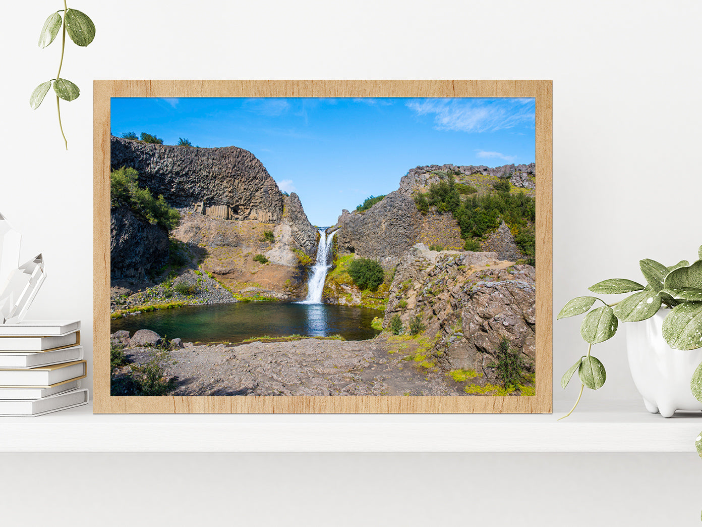 Gjarfoss Waterfall In Gjain On Summer Day Glass Framed Wall Art, Ready to Hang Quality Print Without White Border Oak
