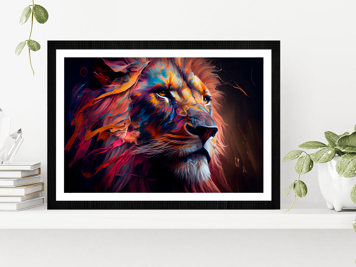 Lion Colorful Oil Painting Glass Framed Wall Art, Ready to Hang Quality Print With White Border Black