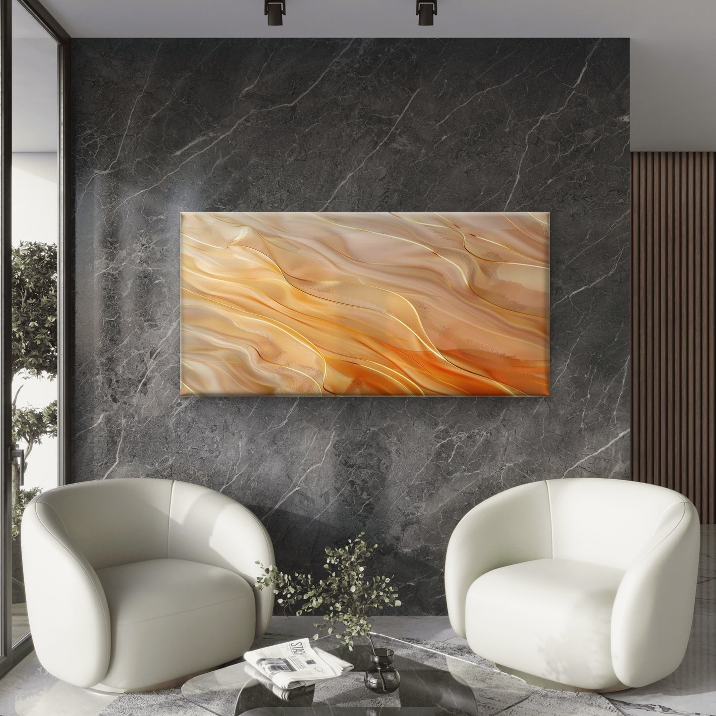 Coastal Gold Ochre Ripples Wall Art Canvas Office Home Room Framed 120x60cm
