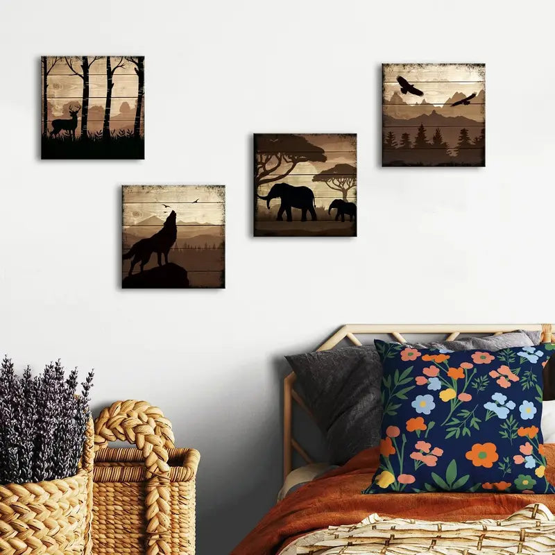 4pcs  Deer Wolf Elephant Canvas Pictures Forest  Wall Art Canvas Framed - Bella Home Decor