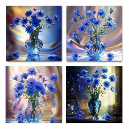 4pcs Blue Daisy Vase Poster Wall Art Canvas Framed