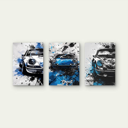 3pcs Blue And Black Sports Car Splatter Wall Art Set Canvas Framed 40x60cm - High Quality Print 100% Australian Made Wall Canvas Ready to Hang
