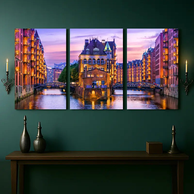 3pcs Hamburg Speicherstadt Canal At Dusk Metal Print Ready to Hang Art
