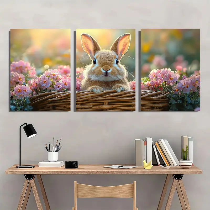 3pcs Vintage Easter Bunny & Floral Basket Metal Print Ready to Hang Art