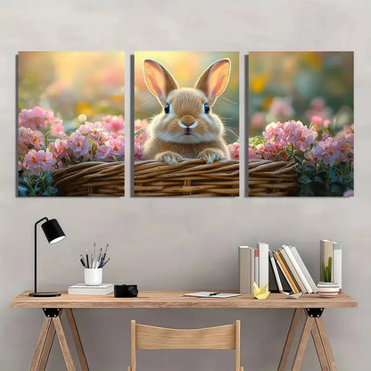 3pcs Vintage Easter Bunny & Floral Basket Metal Print Ready to Hang Art