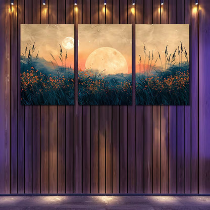 3pcs Moonlit Meadow with Wildflowers, Sunflowers Wall Art Set Canvas Framed 40x60cm - High Quality Print 100% Australian Made Wall Canvas Ready to Hang