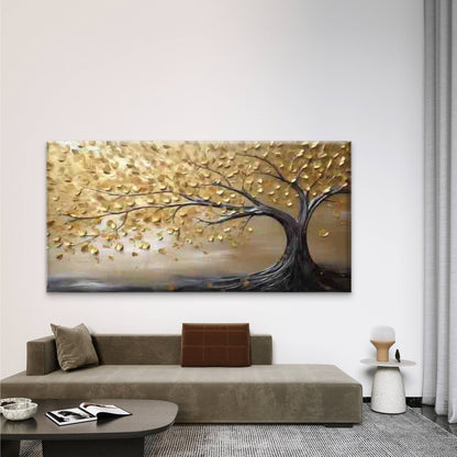 Golden Tree Falling Leaves Wall Art Canvas Office Home Room Framed 120x60cm