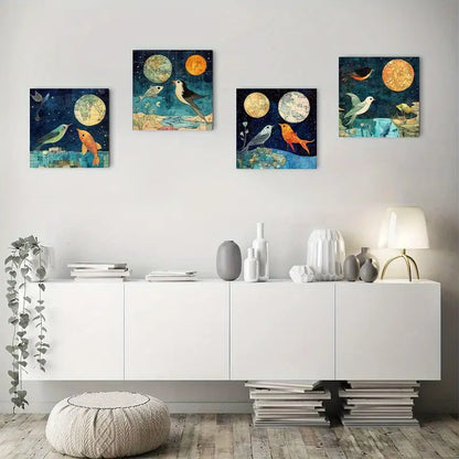 4pcs Full Moon Night Birds & Fish in Water Wall Art Canvas Framed