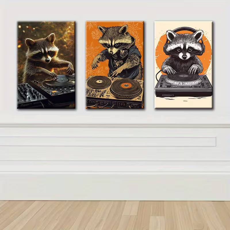 3pcs Raccoon as a DJ Funny Illustration Wall Art Set Canvas Framed 40x60cm - High Quality Print 100% Australian Made Wall Canvas Ready to Hang
