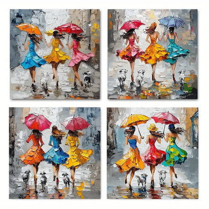 4pcs Ladies Dancing in Rain with Umbrellas    Wall Art Canvas Framed