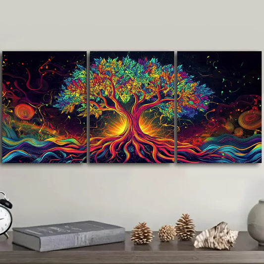 3pcs Psychedelic Tree of Life Design Metal Print Ready to Hang Art