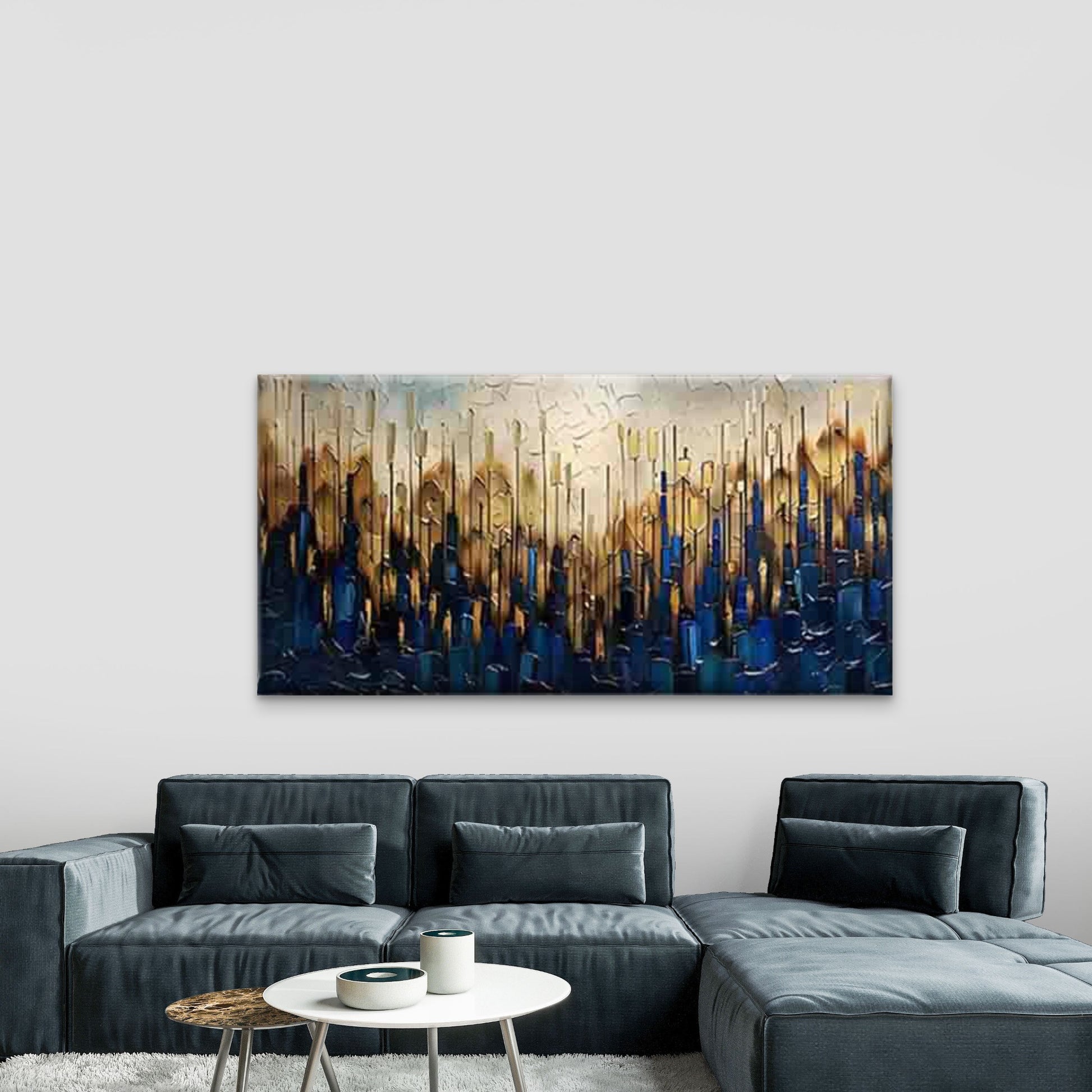 Blue And Brown Brush Strokes, Wall Art Canvas Office Home Room Framed 120x60cm - Bella Home Decor