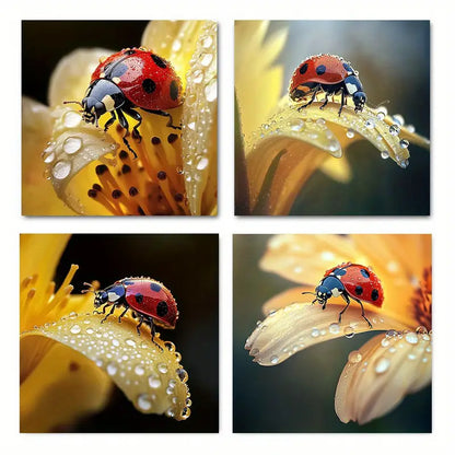 4pcs Ladybug & Floral Canvas Print Wall Art Canvas Framed