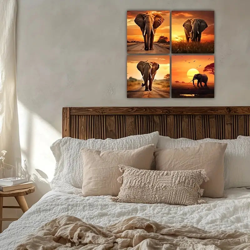 4pcs Panel African Elephant Sunrise Wall Art Canvas Framed - Bella Home Decor