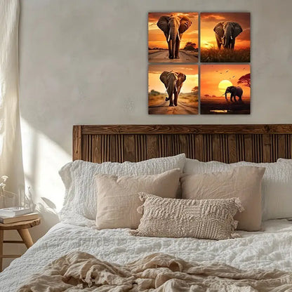 4pcs Panel African Elephant Sunrise Wall Art Canvas Framed - Bella Home Decor