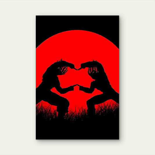 Red Circle Background with Silhouettes Making Heart 60x90cm Metal Print Ready to Hang