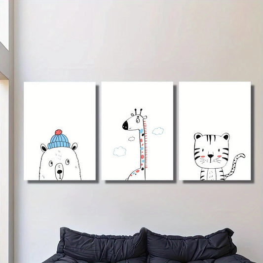 3pcs Adorable Cartoon Bear, Giraffe & Tiger with Hats Metal Print Ready to Hang Art