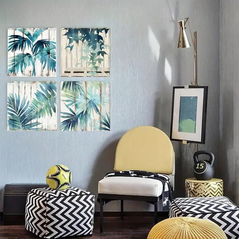 4pcsBotanical Abstract Vintage Palm Leaf  Wall Art Canvas Framed